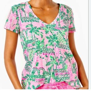 Lilly Pulitzer Etta V-Neck Top in the "Mandevilla Baby Always Worth It" SzS